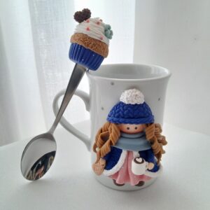 Kit caneca decorada e colher de sobremesa
