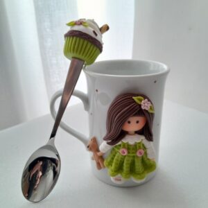 Kit caneca decorada e colher de sobremesa